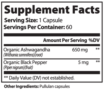 Organic Ashwagandha with Black Pepper, 60 ct.