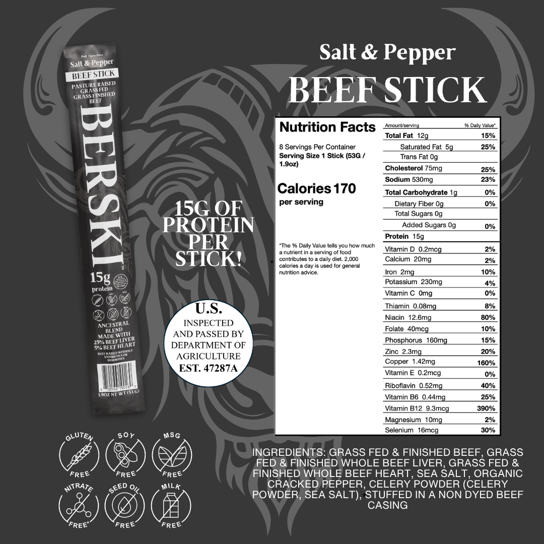 BERSKI Salt & Pepper Ancestral Beef Sticks - 8 Pack of 1.9oz Sticks