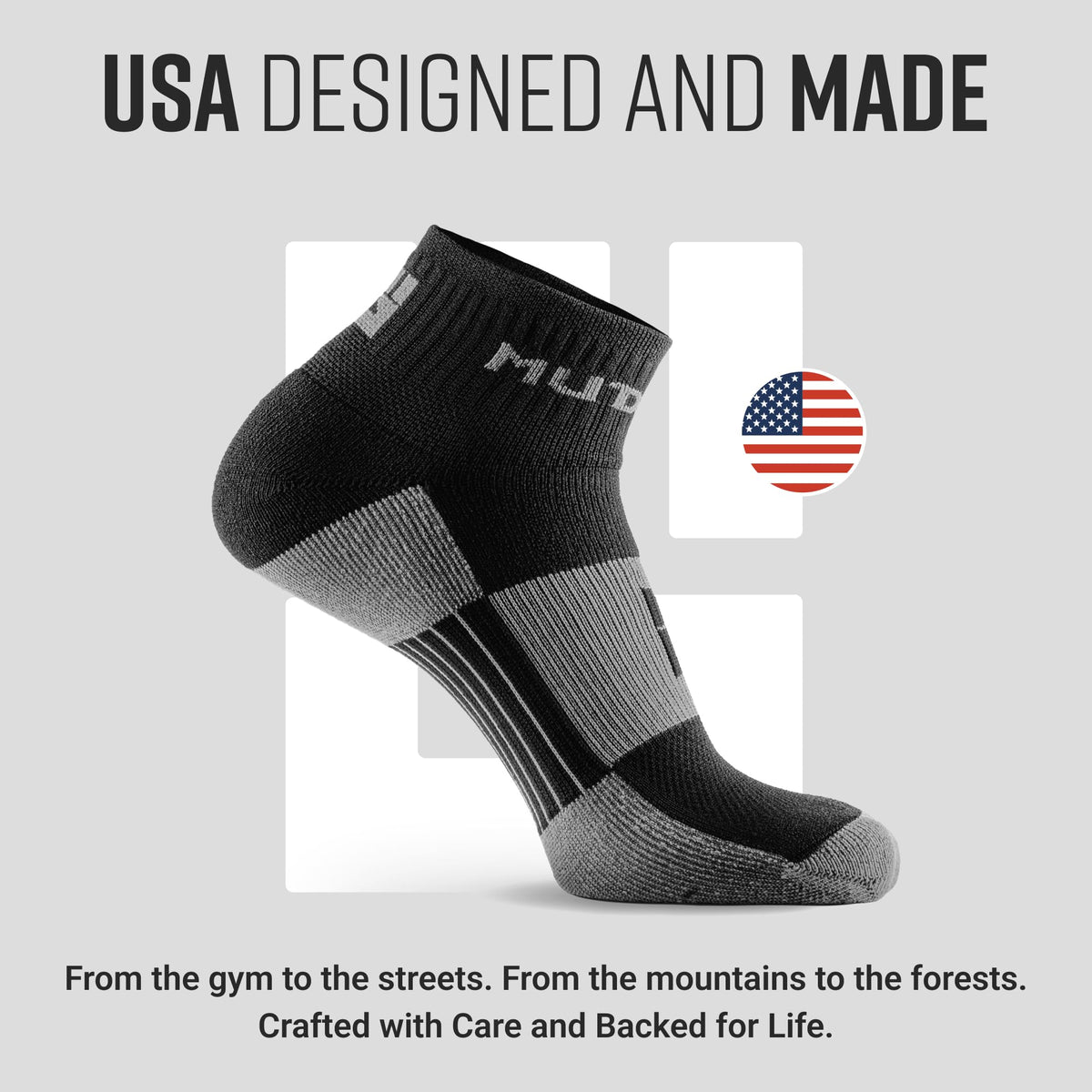 MudGear Quarter (¼) Crew Socks - Black/Gray (2 pair pack)