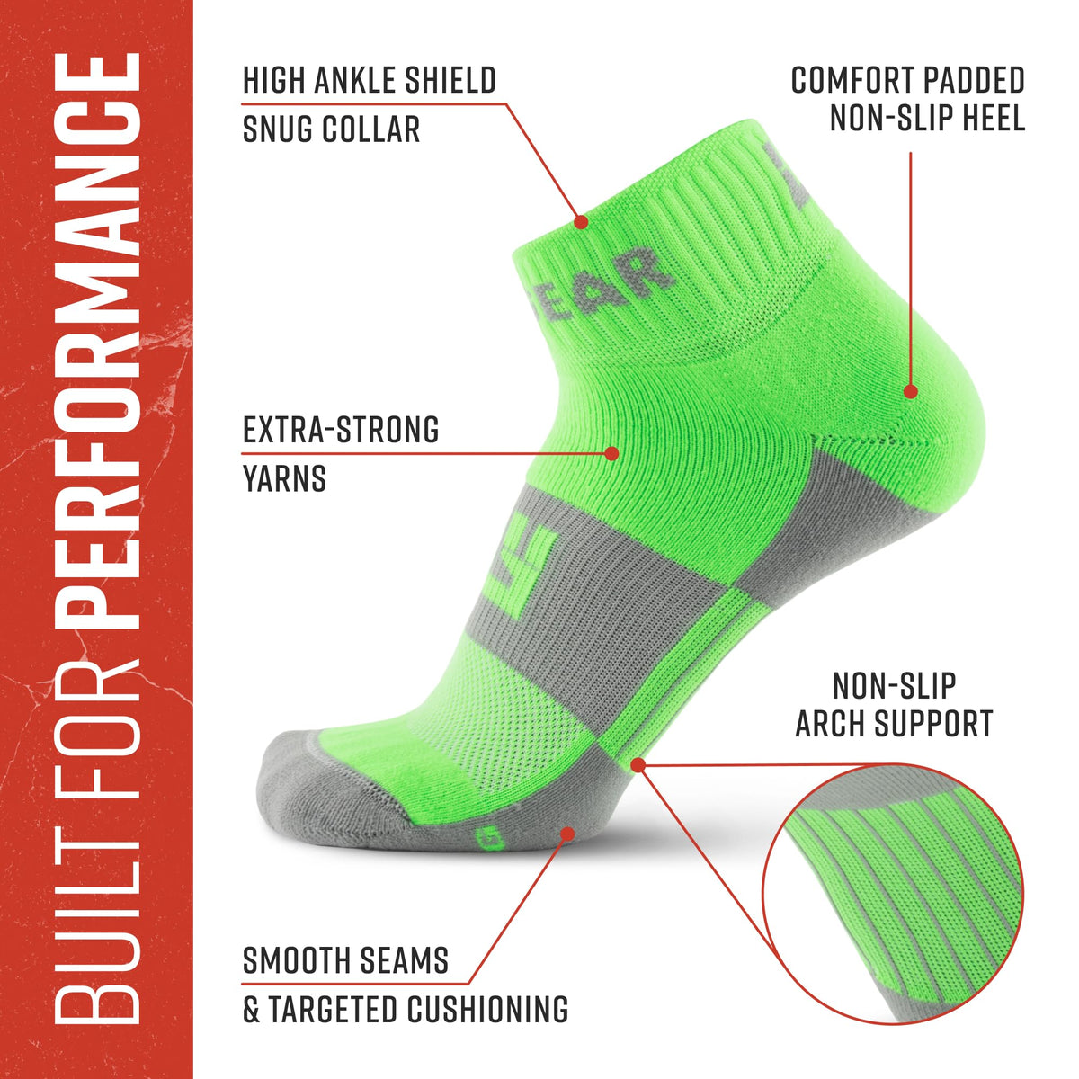 MudGear Quarter (¼) Crew Socks - Neon Green (2 pair pack)