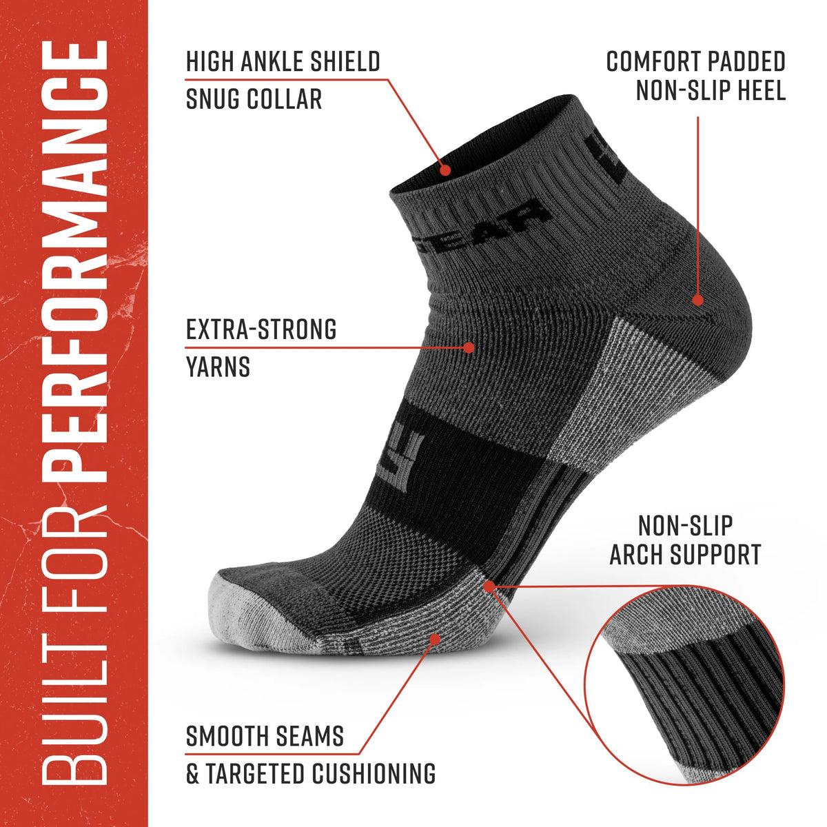 MudGear Quarter (¼) Crew Socks - Gray/Black (2 pair pack)