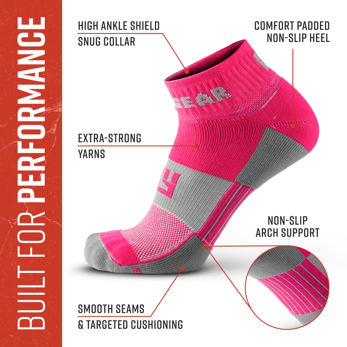 MudGear Quarter (¼) Crew Socks - Pink/Gray (2 pair pack)