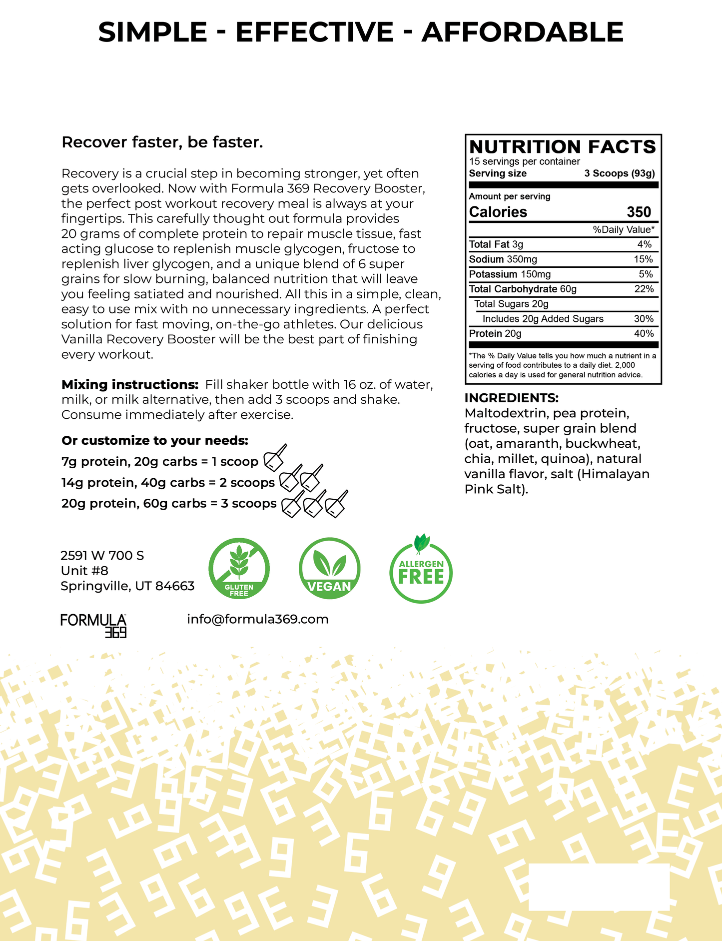 Formula 369 Recovery Booster - Vegan 3:1 carb to protein drink mix